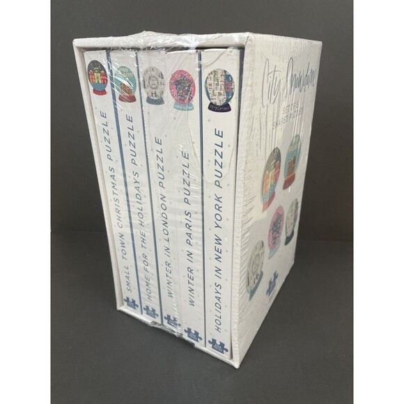 City Snowdome Set Of 5 Shaped Puzzles 200 Pcs Each New Holiday Puzzles Pink Sky - Picture 2 of 8